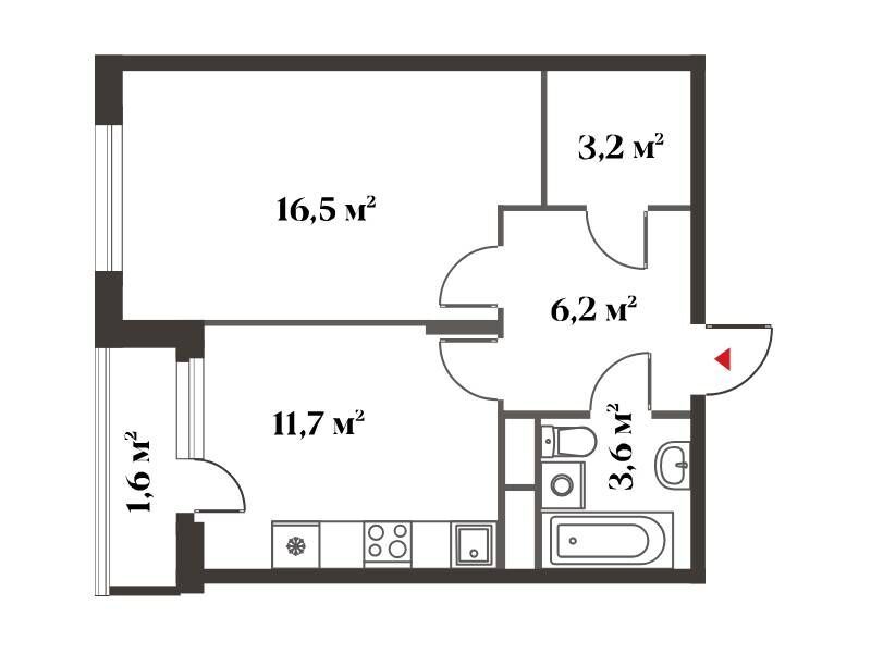 Планировка: 1-комн. квартира 42.50 м² в новостройке Восемь Кленов