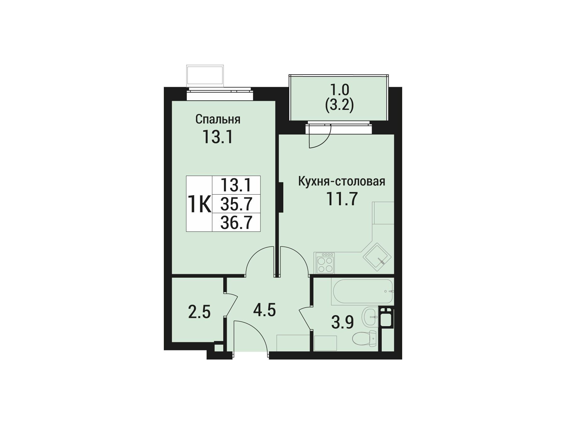 Планировка: 1-комн. квартира 36.70 м² в новостройке Дом в Малаховке