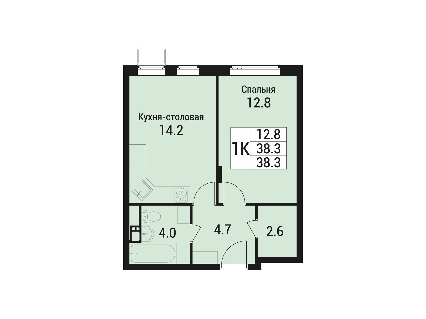 Планировка: 1-комн. квартира 38.30 м² в новостройке Дом в Малаховке