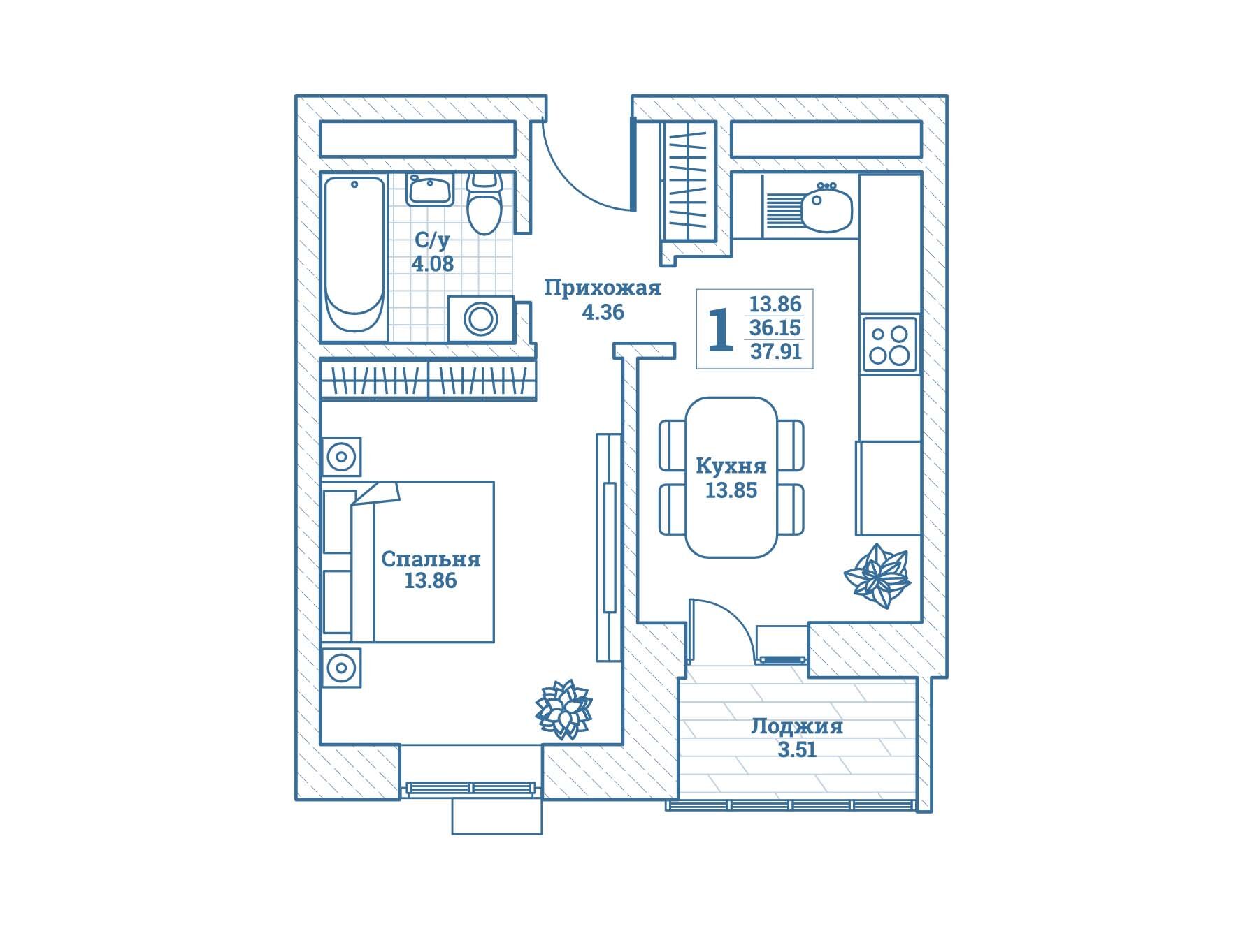 Планировка: 1-комн. квартира 38.00 м² в новостройке Новоград Монино