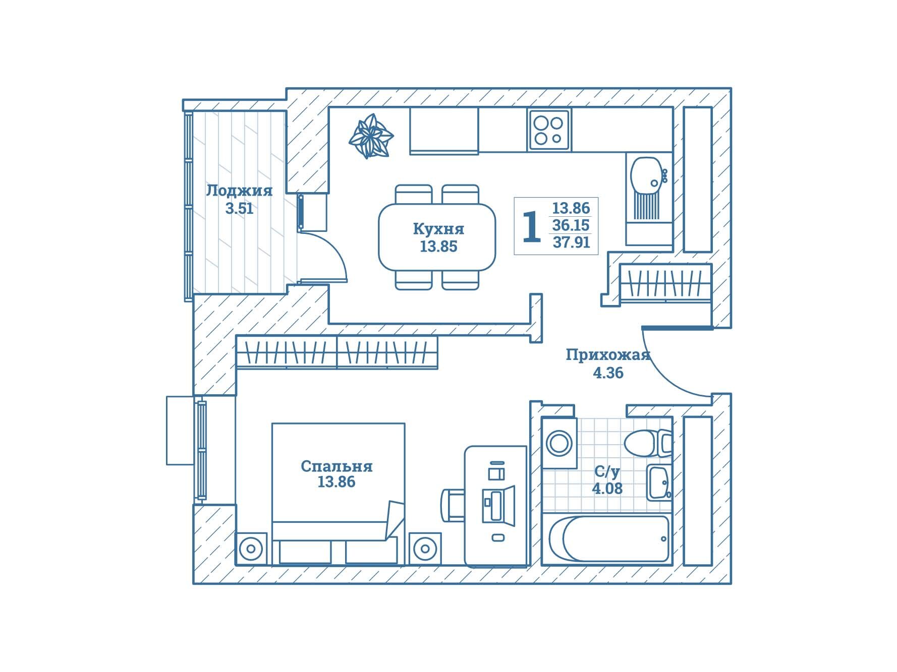 Планировка: 1-комн. квартира 38.10 м² в новостройке Новоград Монино