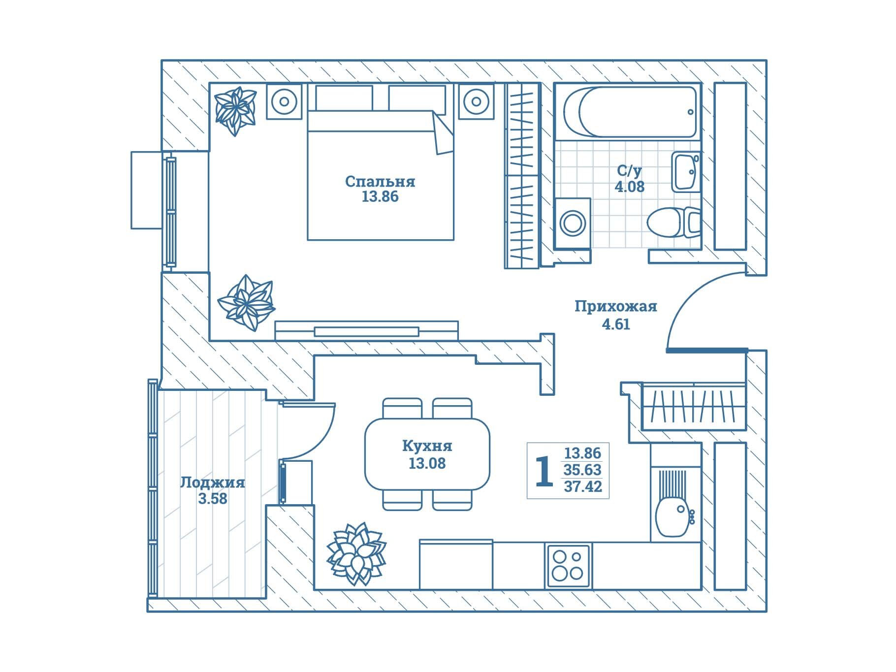 Планировка: 1-комн. квартира 38.20 м² в новостройке Новоград Монино