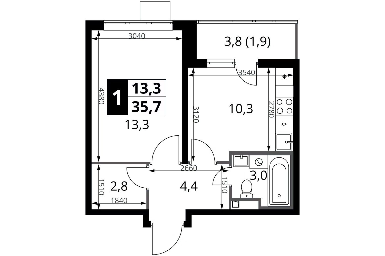Планировка: 1-комн. квартира 35.70 м² в новостройке 1-й Донской