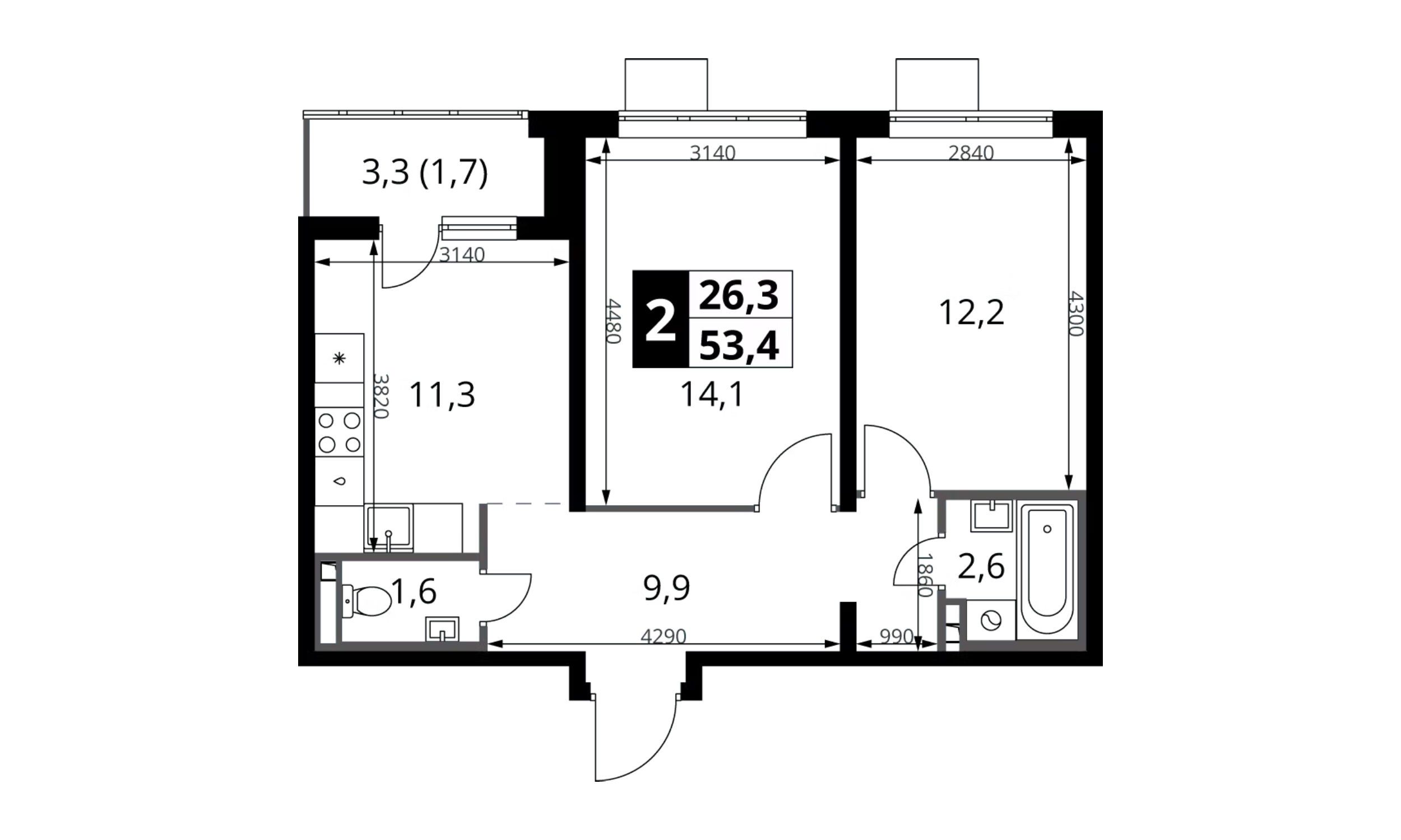 Планировка: 2-комн. квартира 53.40 м² в новостройке 1-й Донской