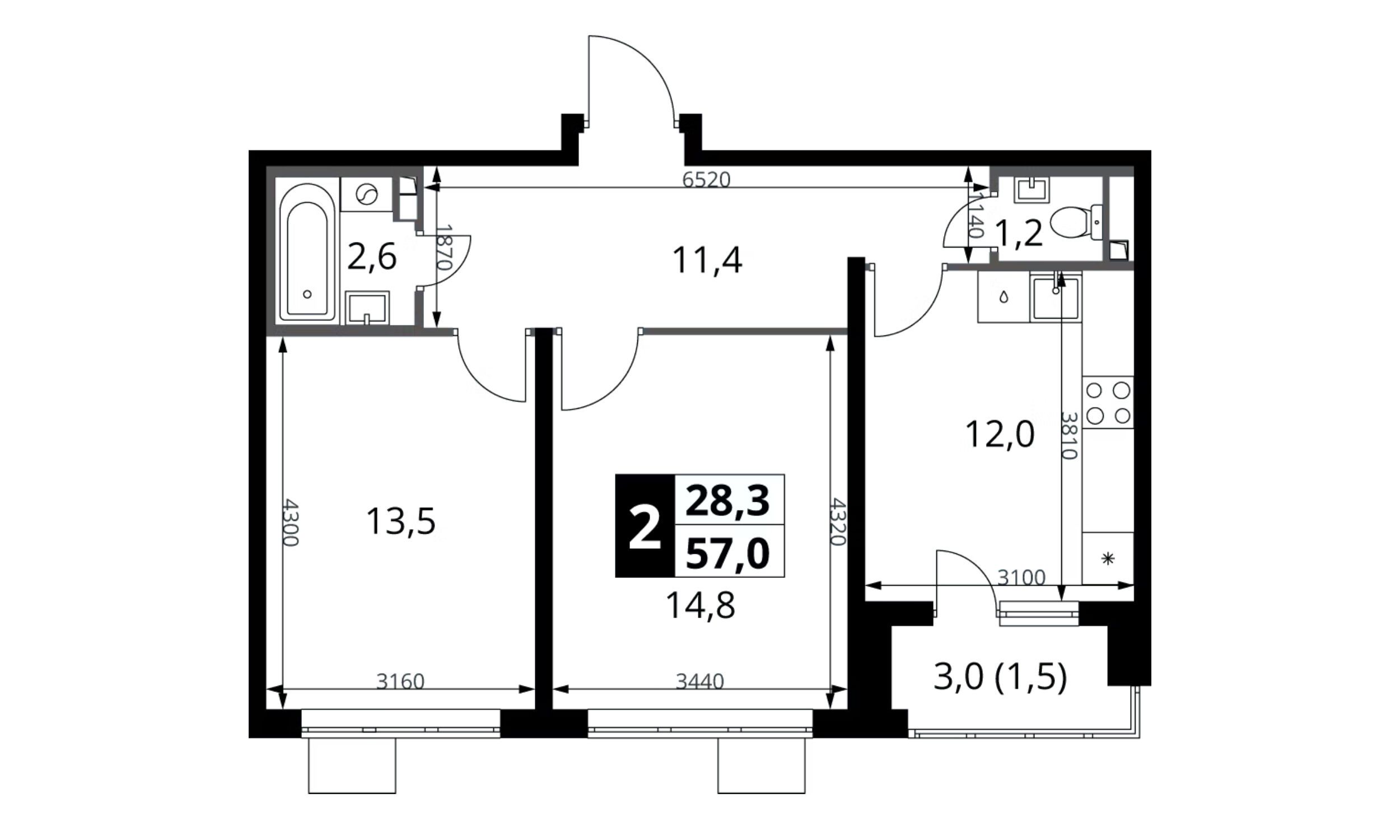 Планировка: 2-комн. квартира 57.00 м² в новостройке 1-й Донской