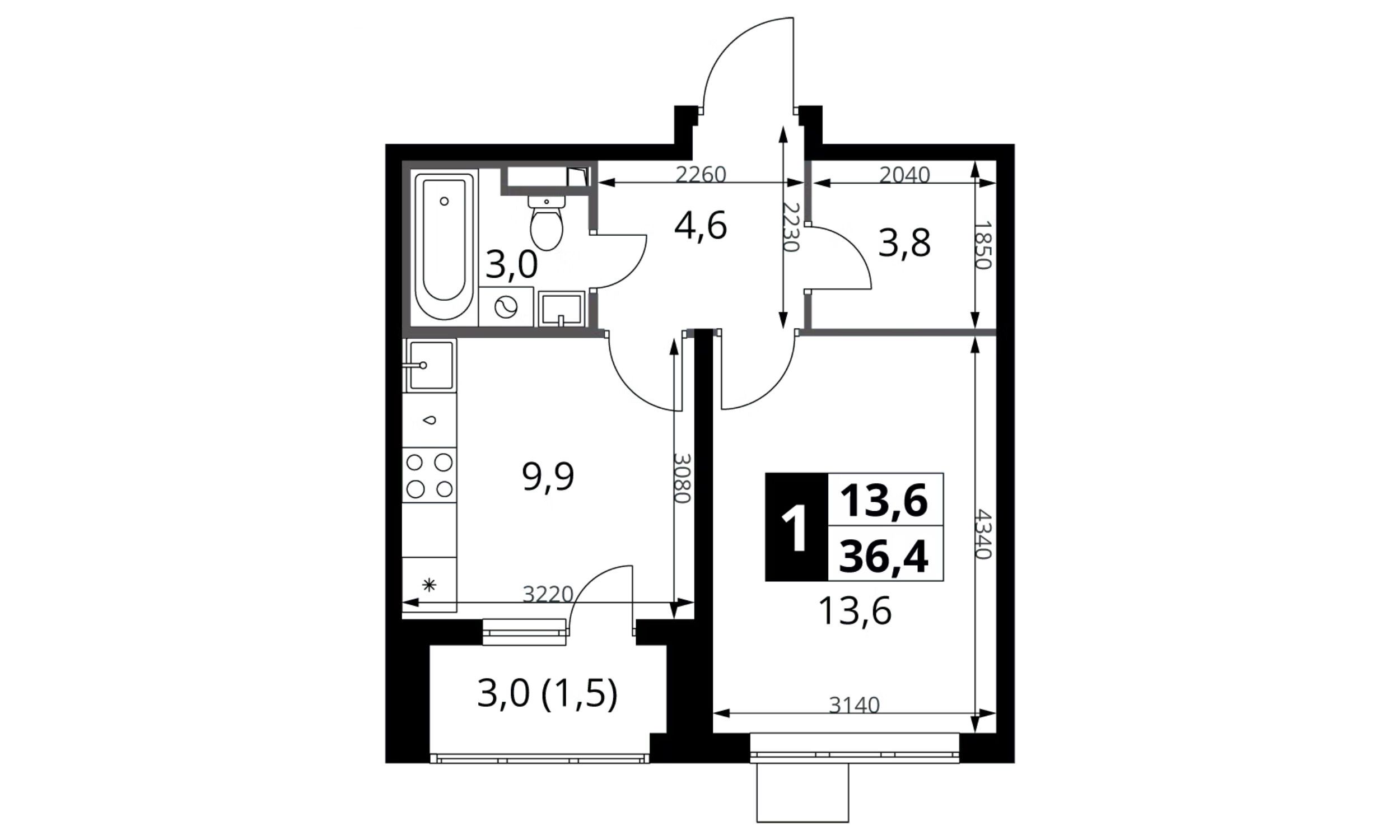 Планировка: 1-комн. квартира 36.40 м² в новостройке 1-й Донской