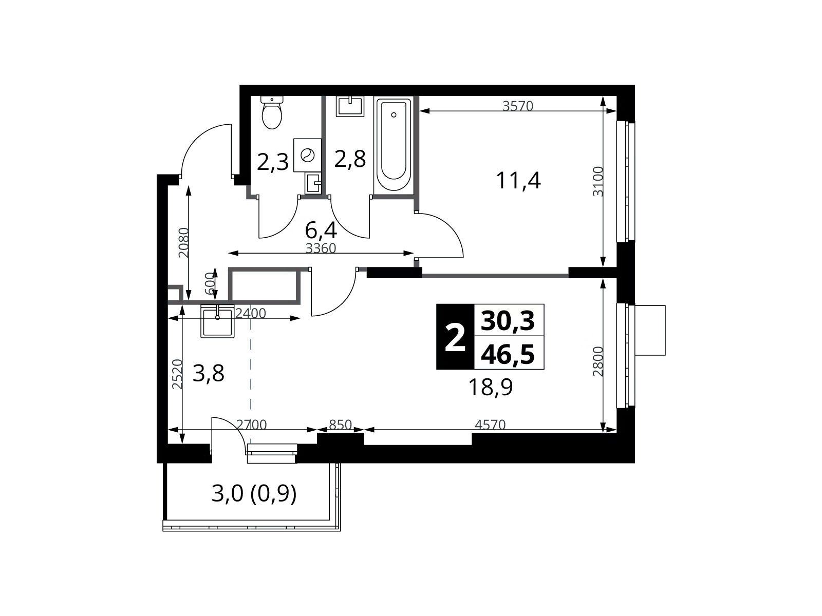 Планировка: 2-комн. квартира 46.50 м² в новостройке 1-й Донской