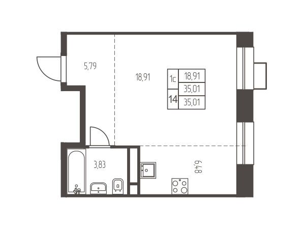 Планировка: Студия 35.00 м² в новостройке Новая Ивантеевка