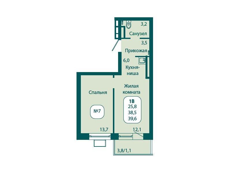 Планировка: 1-комн. квартира 39.60 м² в новостройке Андреевка Лайф