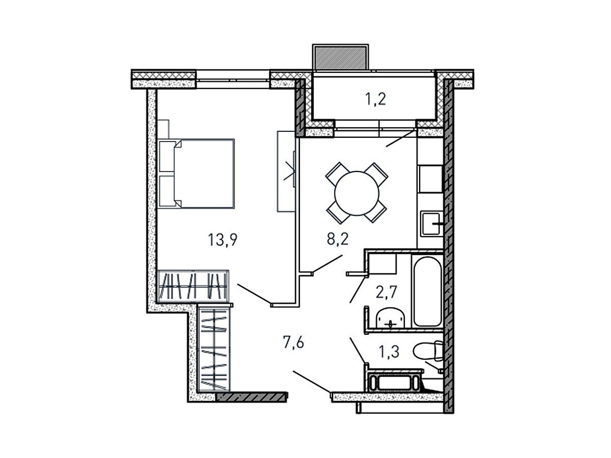 Планировка: 1-комн. квартира 34.90 м² в новостройке Квартал Светлый