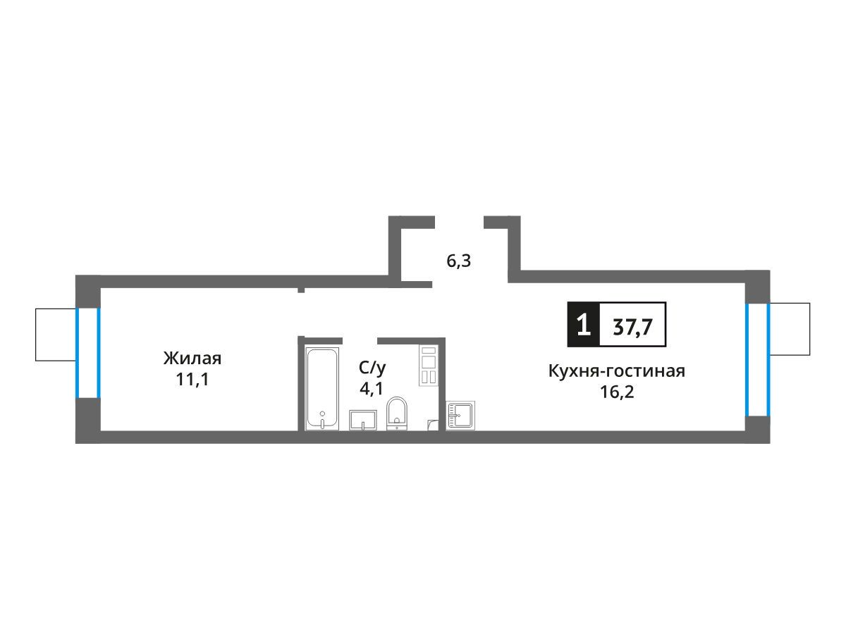 Планировка: 1-комн. квартира 37.70 м² в новостройке Никольский квартал Отрада