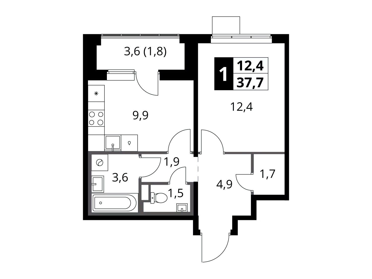 Планировка: 1-комн. квартира 37.70 м² в новостройке 1-й Химкинский
