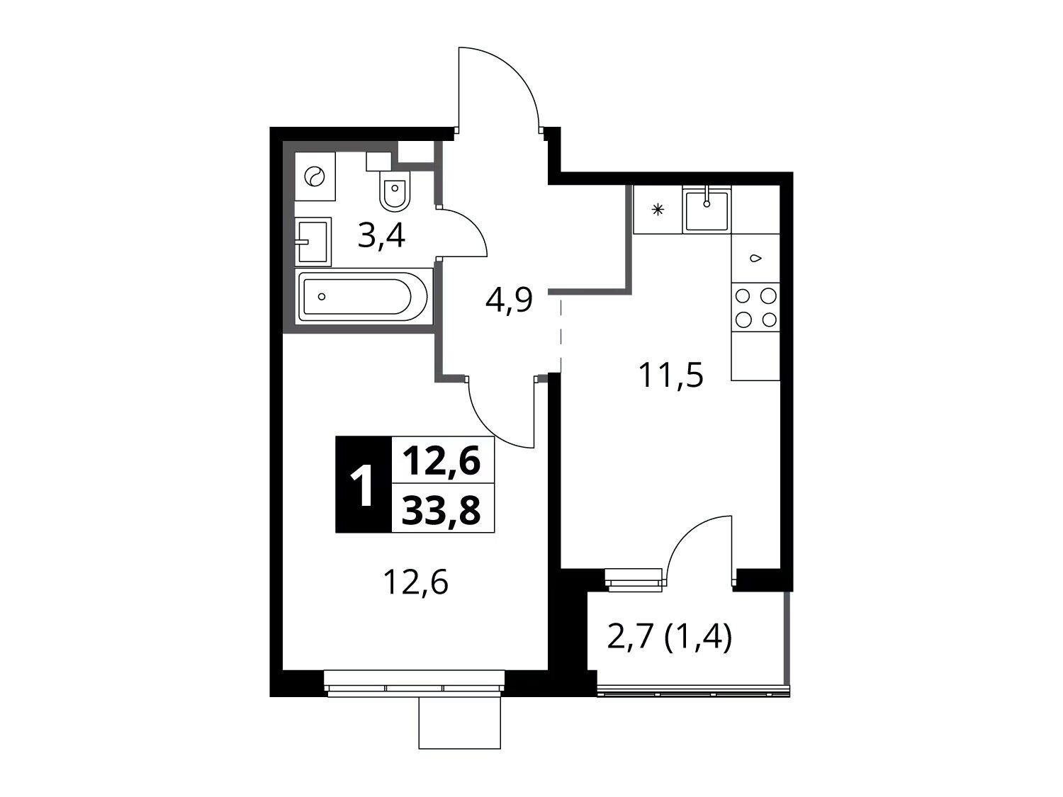 Планировка: 1-комн. квартира 33.80 м² в новостройке 1-й Химкинский