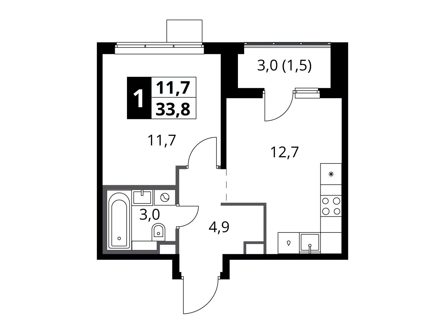 Планировка: 1-комн. квартира 33.80 м² в новостройке 1-й Химкинский