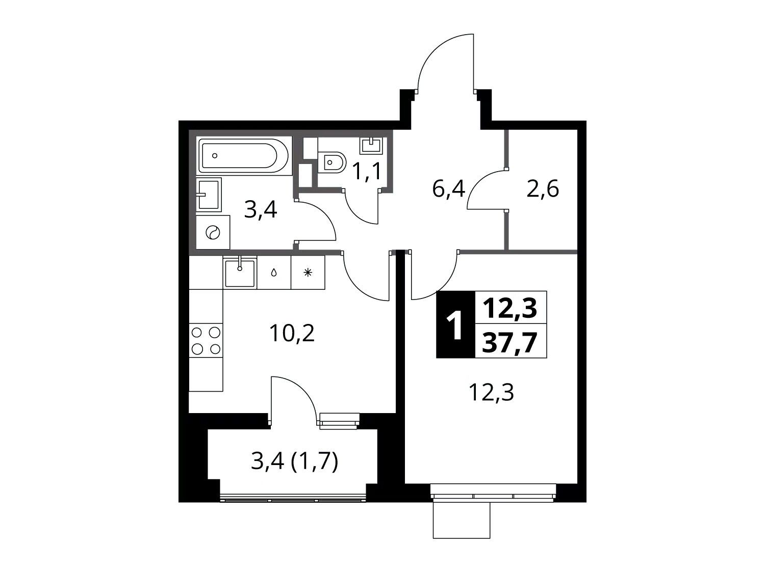Планировка: 1-комн. квартира 37.70 м² в новостройке 1-й Химкинский