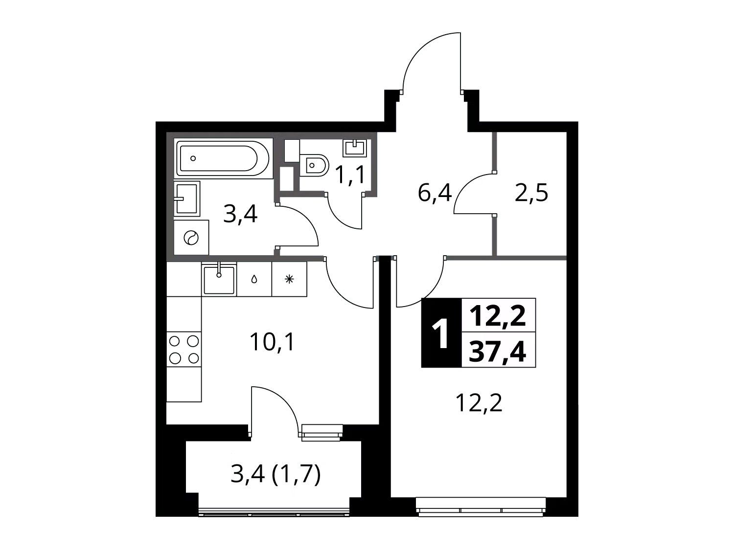Планировка: 1-комн. квартира 37.40 м² в новостройке 1-й Химкинский