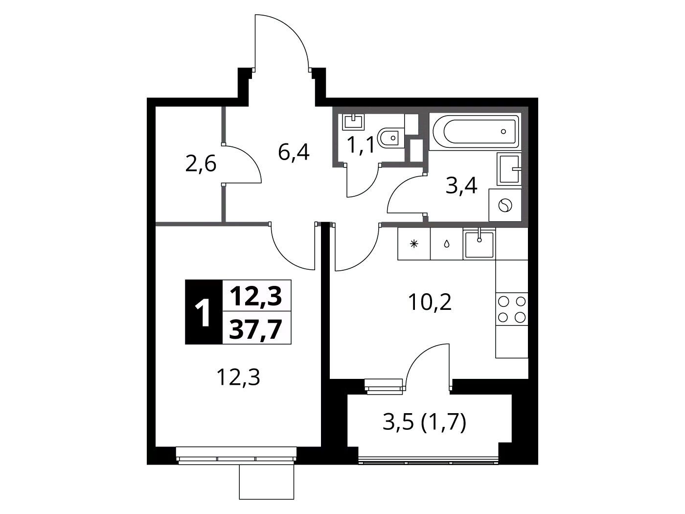 Планировка: 1-комн. квартира 37.70 м² в новостройке 1-й Химкинский