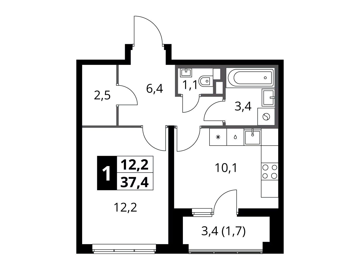Планировка: 1-комн. квартира 37.40 м² в новостройке 1-й Химкинский