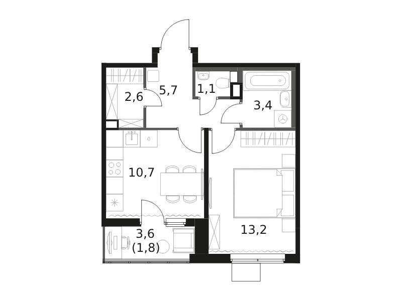 Планировка: 1-комн. квартира 38.50 м² в новостройке 1-й Химкинский