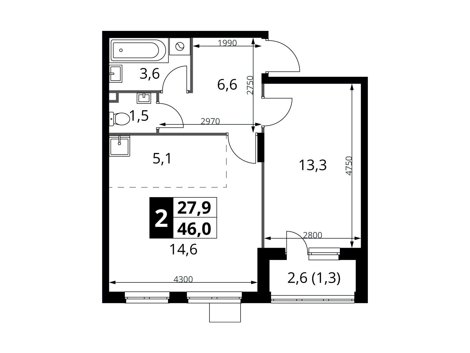 Планировка: 2-комн. квартира 46.00 м² в новостройке 1-й Донской