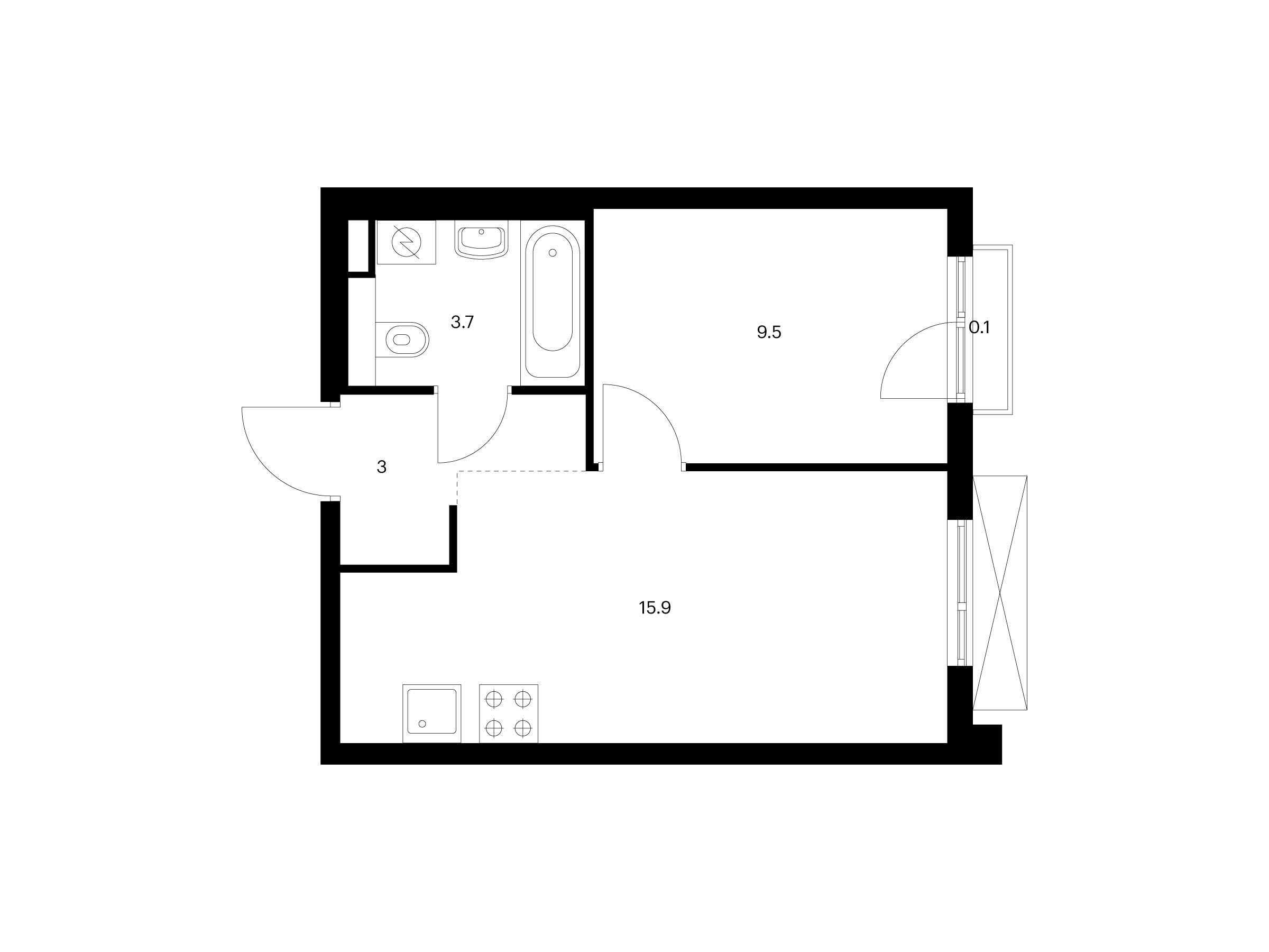 Планировка: 1-комн. квартира 32.20 м² в новостройке Яуза парк