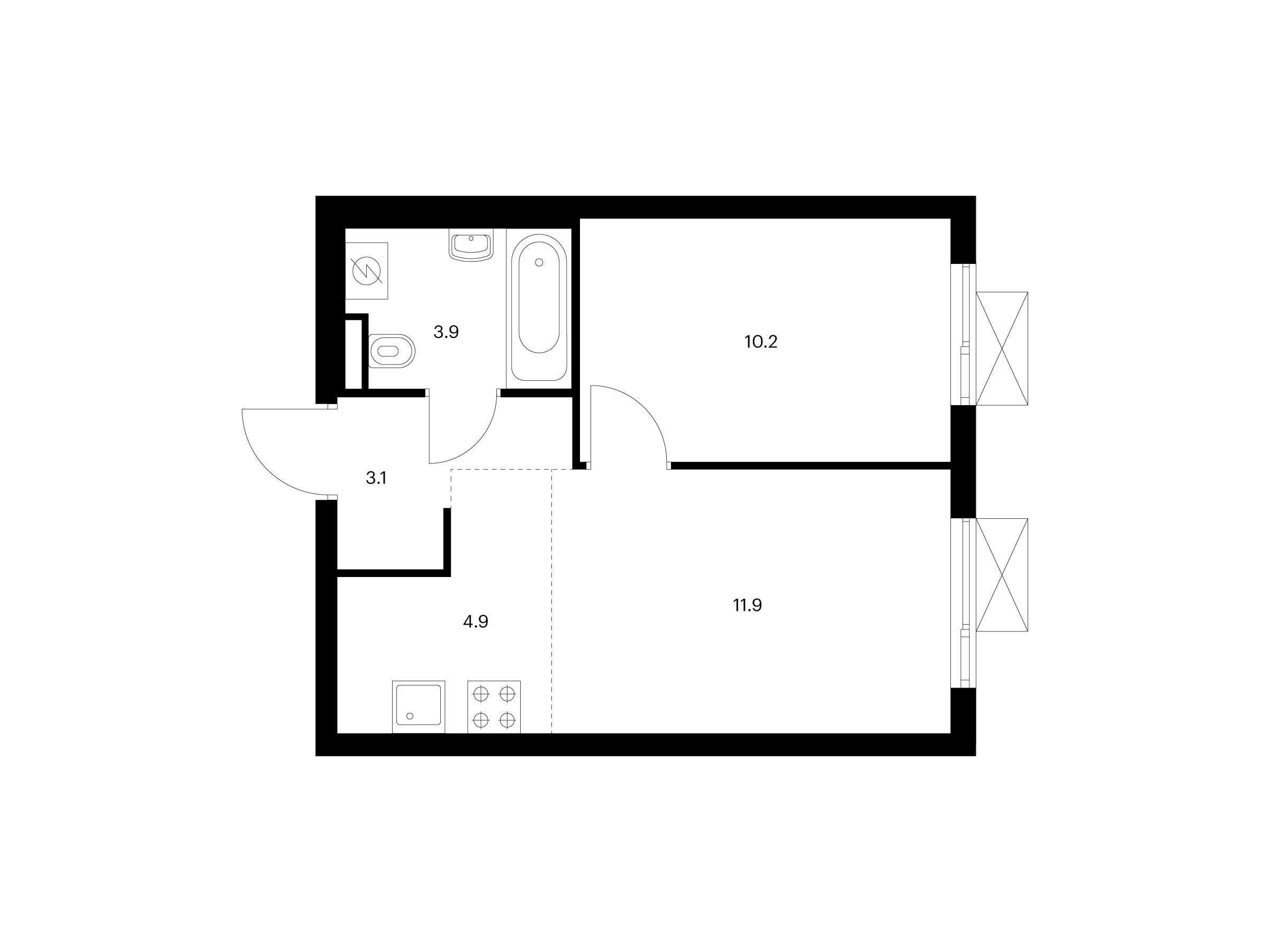 Планировка: 1-комн. квартира 34.00 м² в новостройке Яуза парк