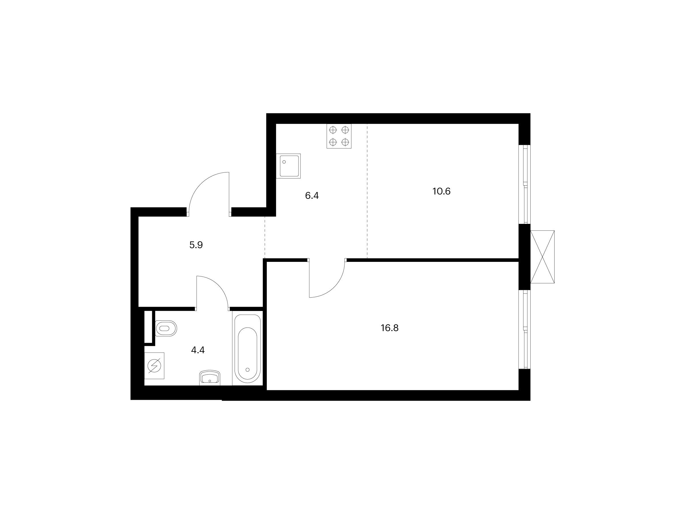 Планировка: 1-комн. квартира 44.10 м² в новостройке Яуза парк
