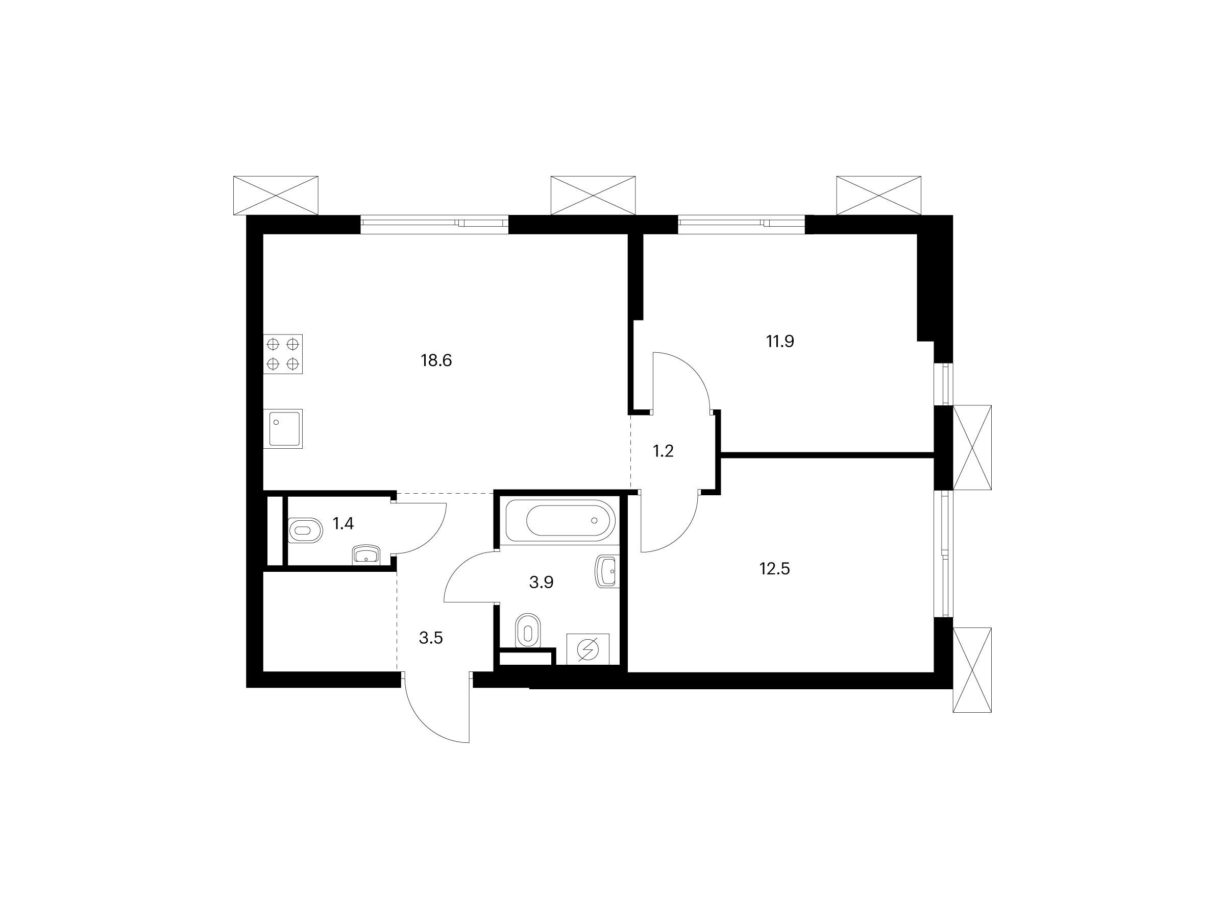 Планировка: 2-комн. квартира 55.70 м² в новостройке Яуза парк