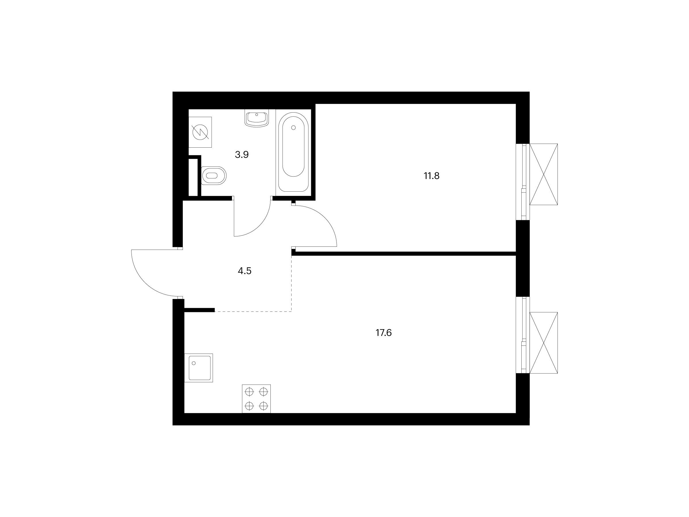 Планировка: 1-комн. квартира 37.80 м² в новостройке Яуза парк