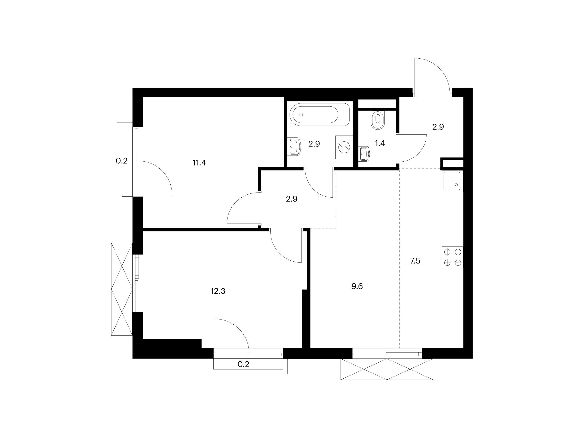 Планировка: 2-комн. квартира 51.30 м² в новостройке Яуза парк