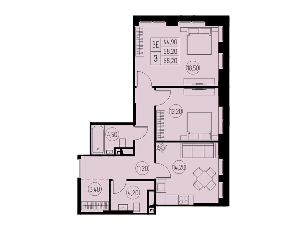 Планировка: 3-комн. квартира 68.20 м² в новостройке 31 квартал