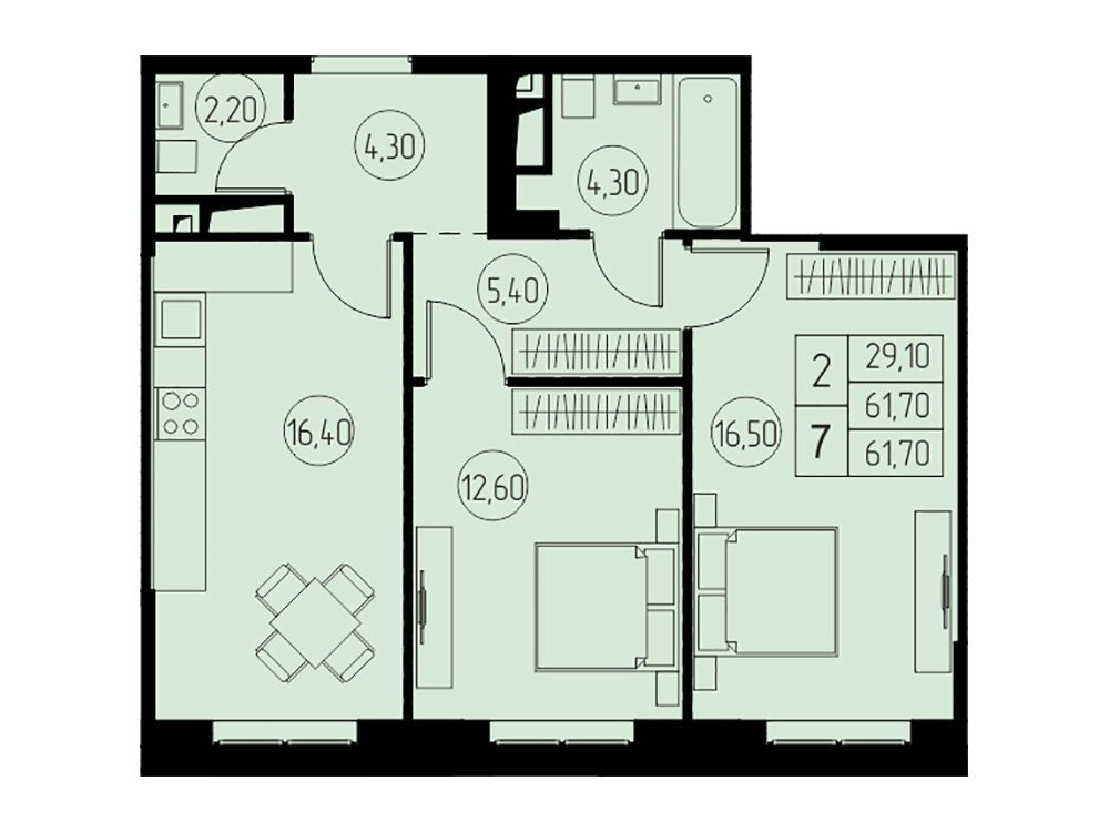 Планировка: 2-комн. квартира 61.70 м² в новостройке ЖК 31 квартал