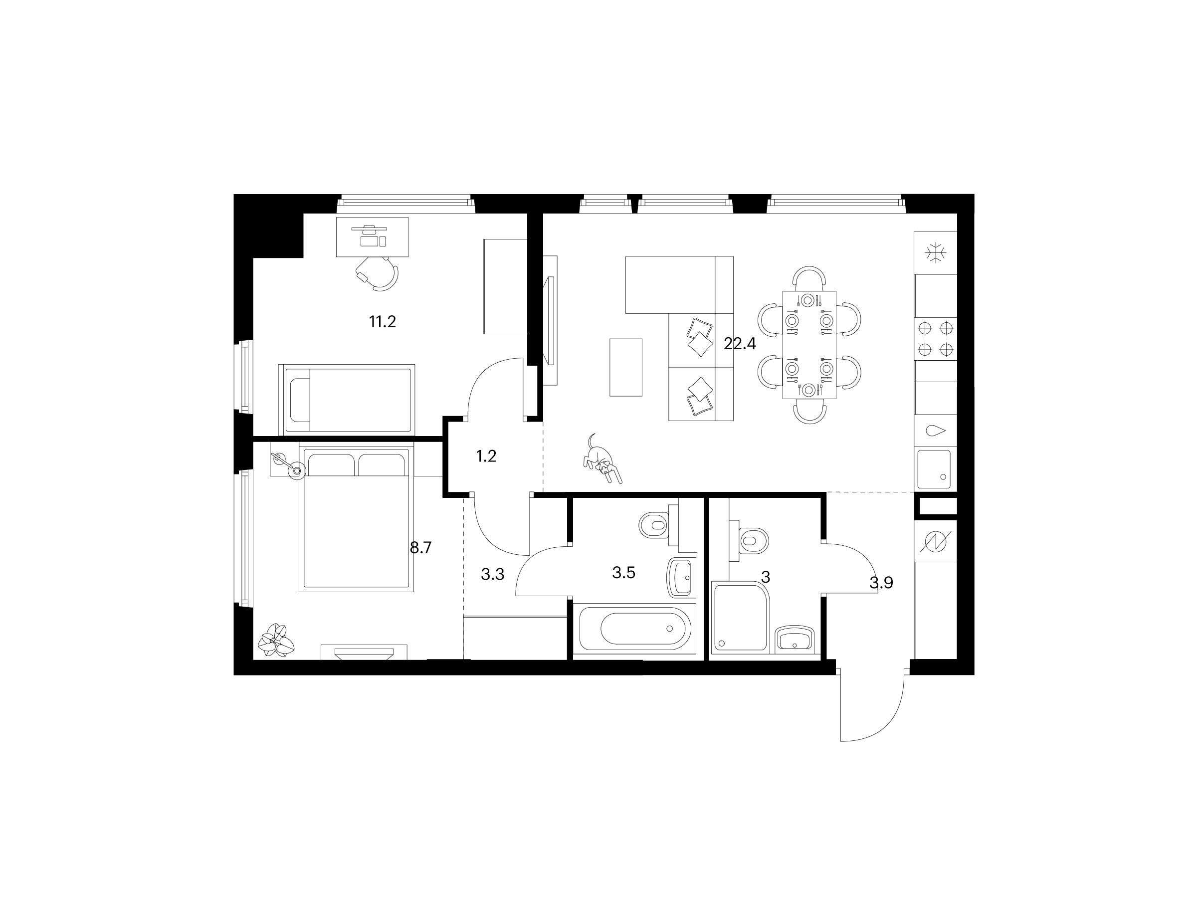 Планировка: 2-комн. квартира 57.20 м² в новостройке Ярославский квартал
