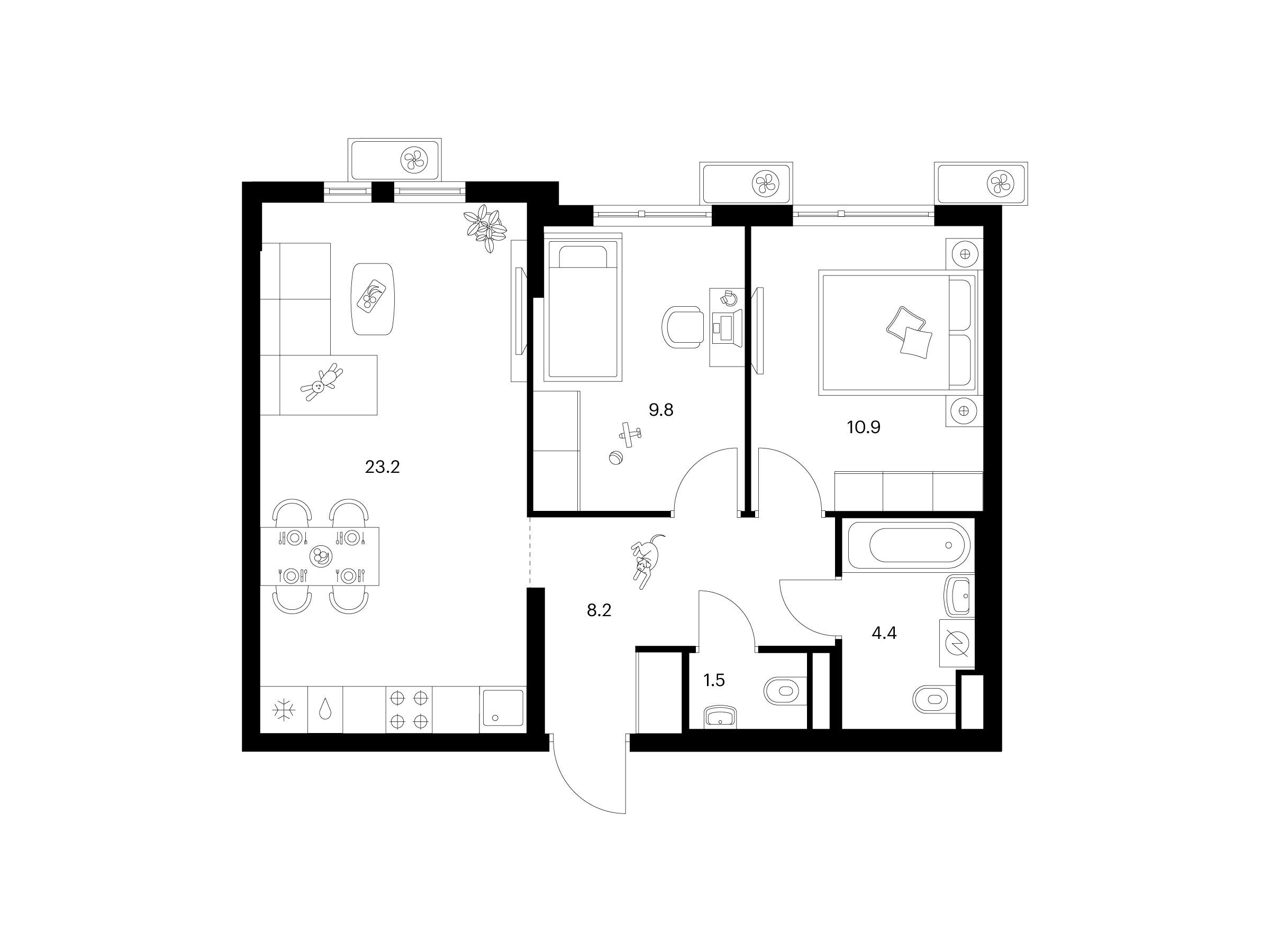Планировка: 2-комн. квартира 58.00 м² в новостройке Белая Дача парк