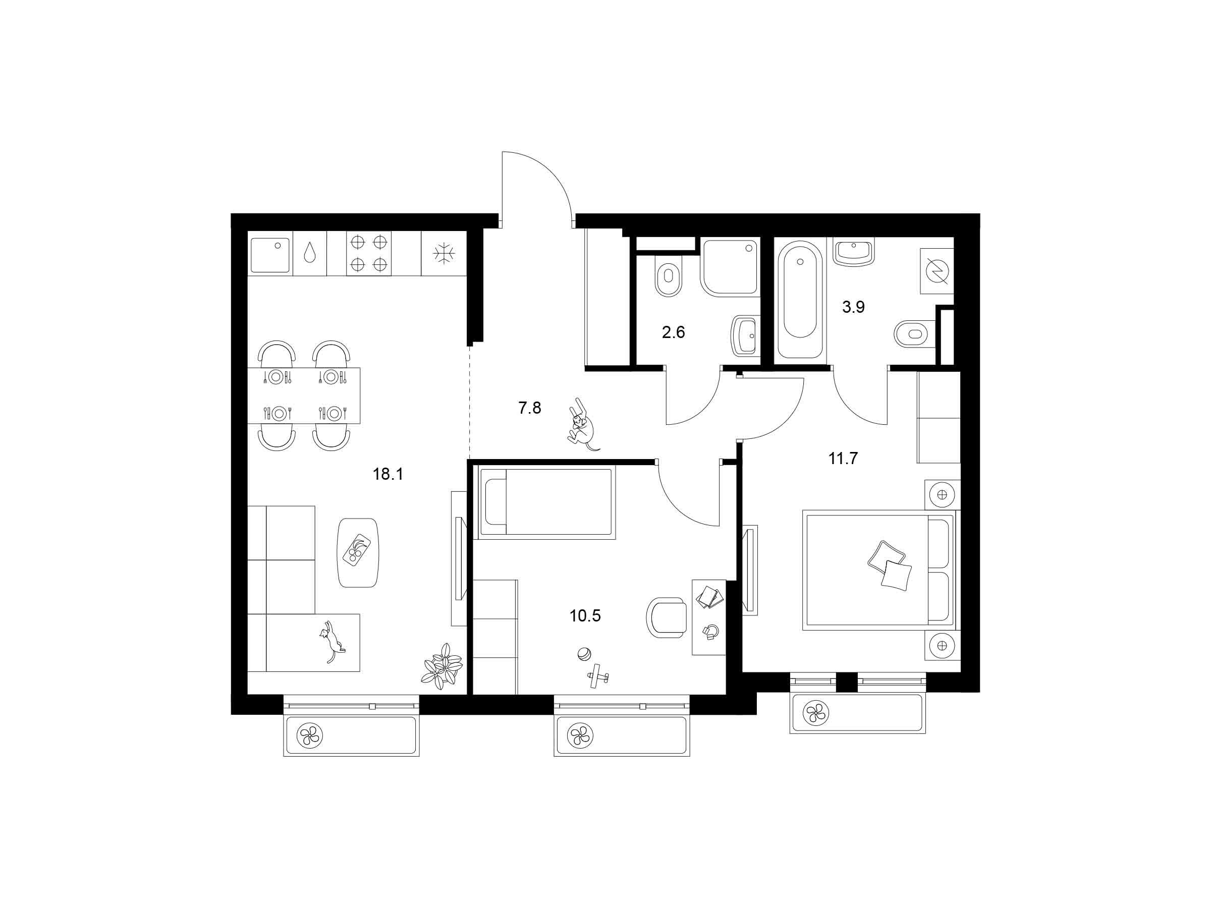 Планировка: 2-комн. квартира 54.60 м² в новостройке Белая Дача парк