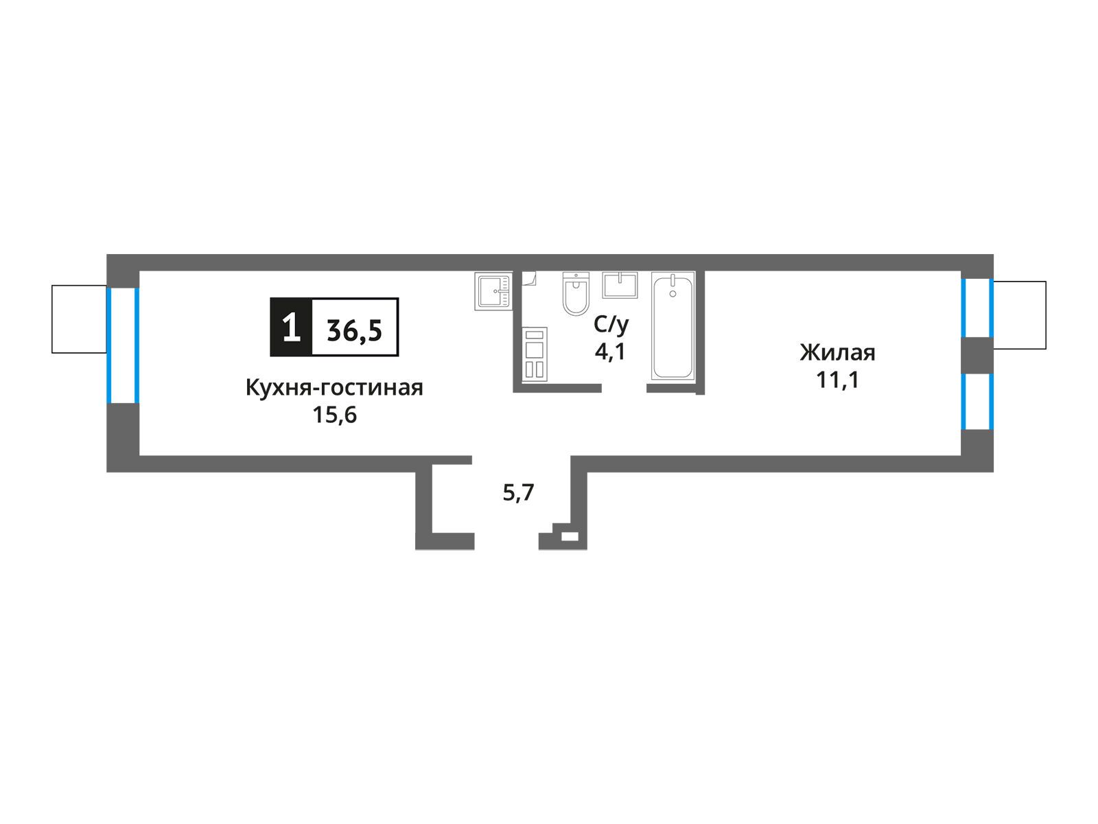 Планировка: 1-комн. квартира 36.50 м² в новостройке Никольский квартал Отрада