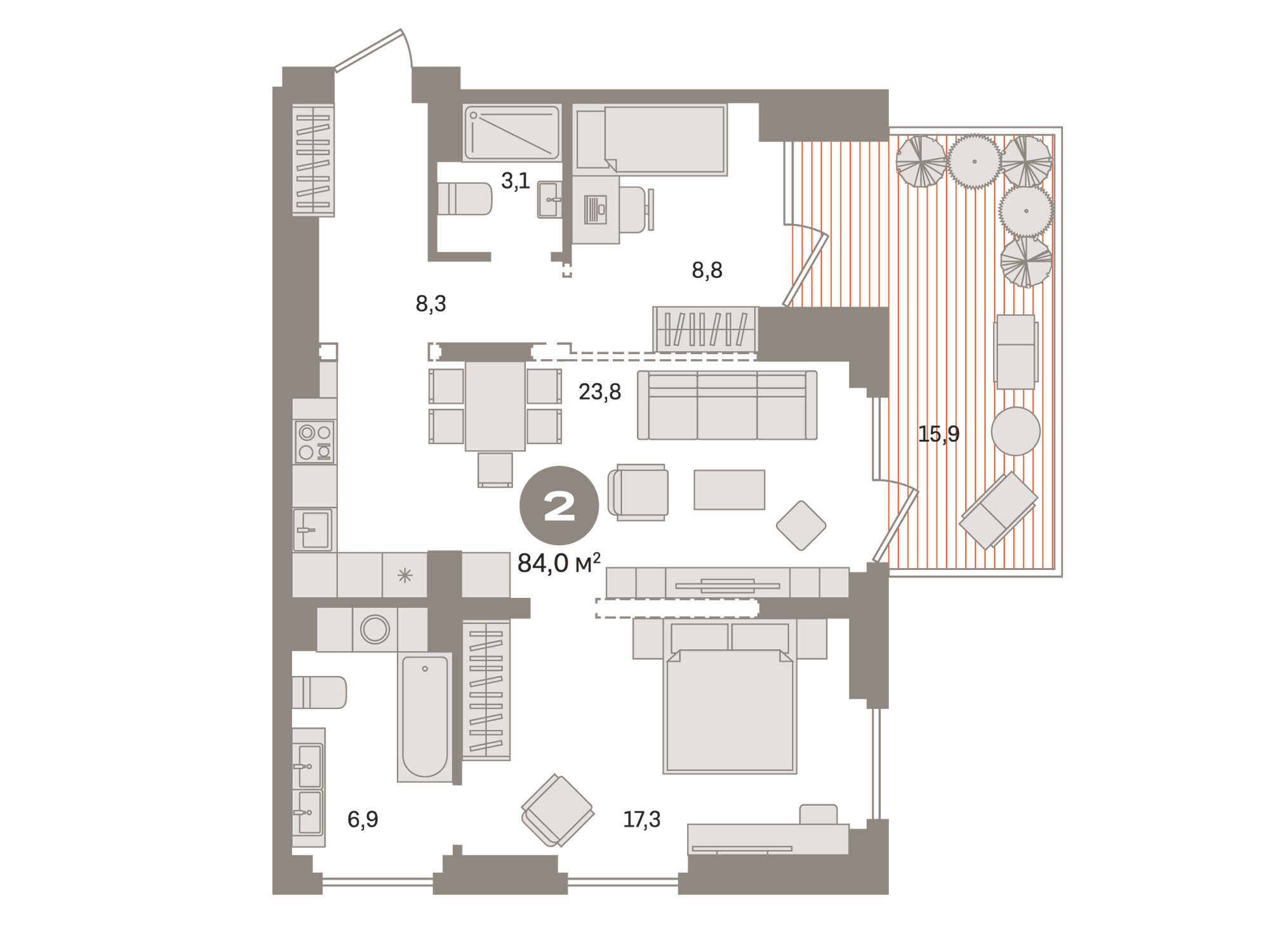 Планировка: 1-комн. квартира 84.00 м² в новостройке Первый квартал