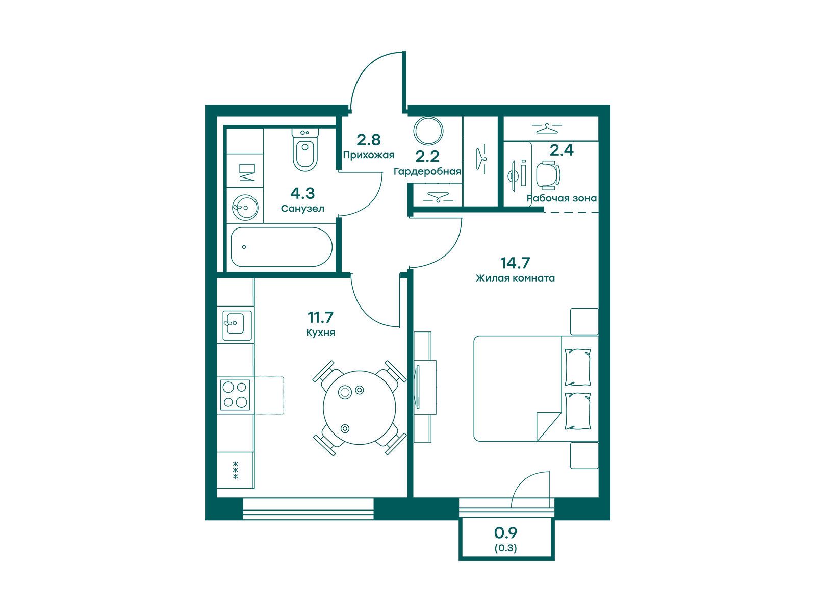 Планировка: 1-комн. квартира 38.40 м² в новостройке Равновесие