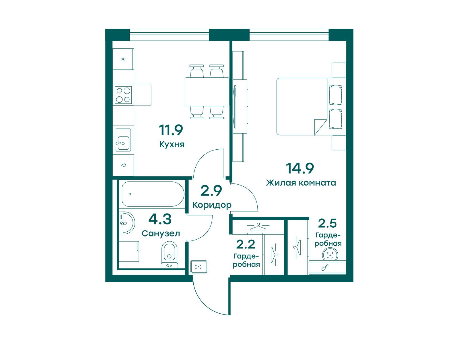 Планировка: 1-комн. квартира 38.70 м² в новостройке Равновесие