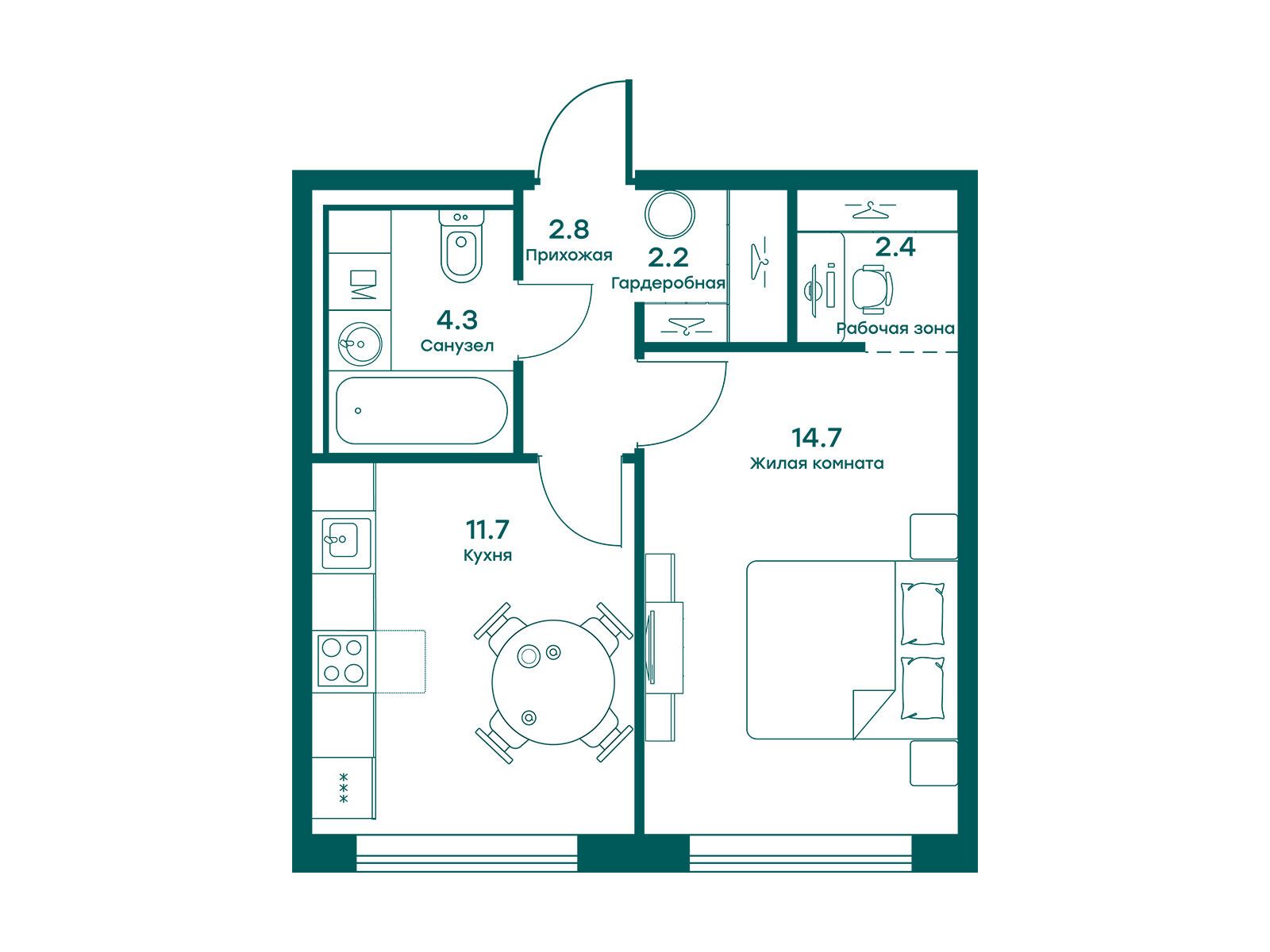 Планировка: 1-комн. квартира 38.10 м² в новостройке Равновесие