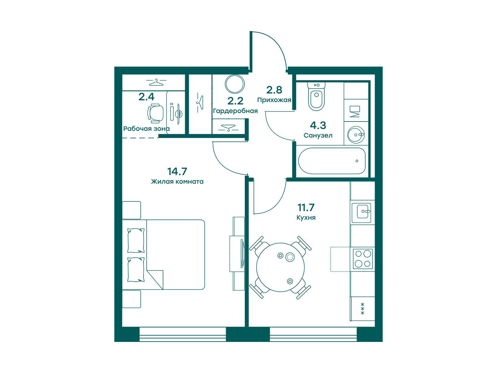 Планировка: 1-комн. квартира 38.10 м² в новостройке Равновесие