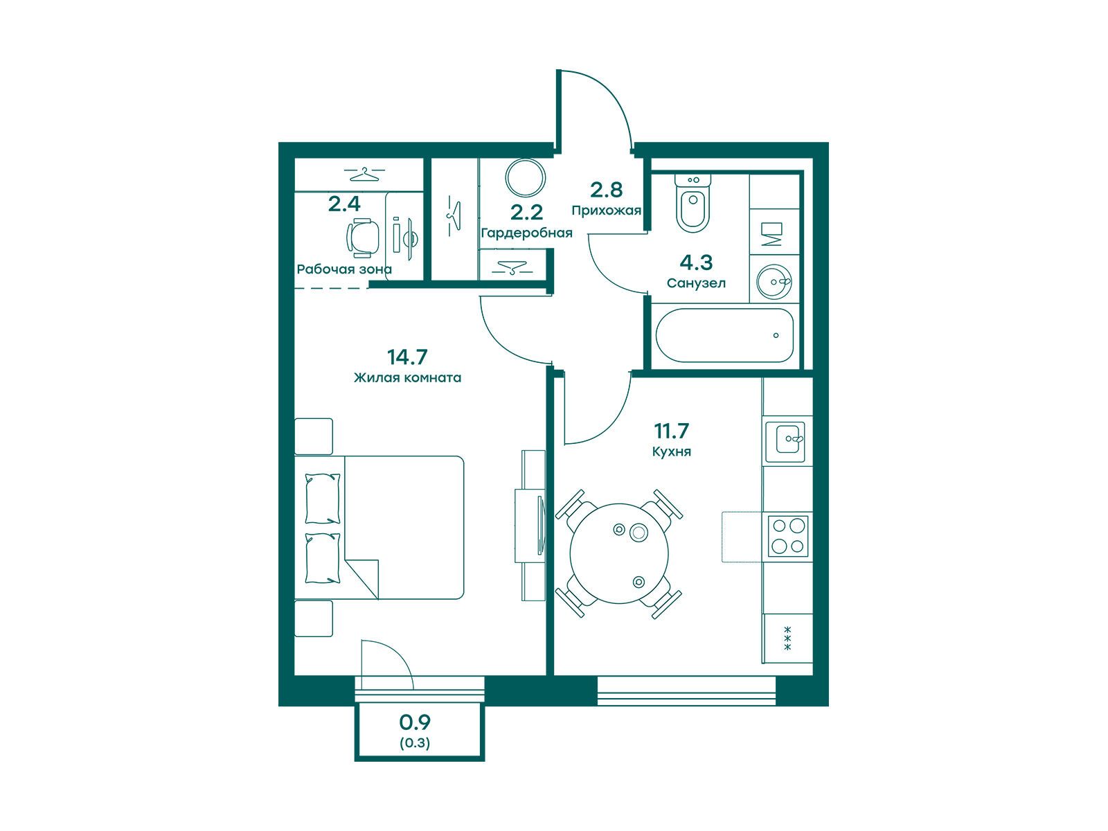 Планировка: 1-комн. квартира 38.40 м² в новостройке Равновесие