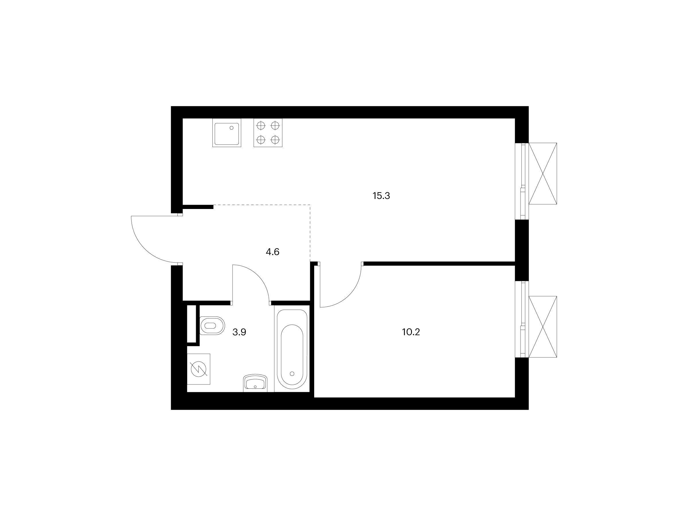 Планировка: 1-комн. квартира 34.00 м² в новостройке Яуза парк