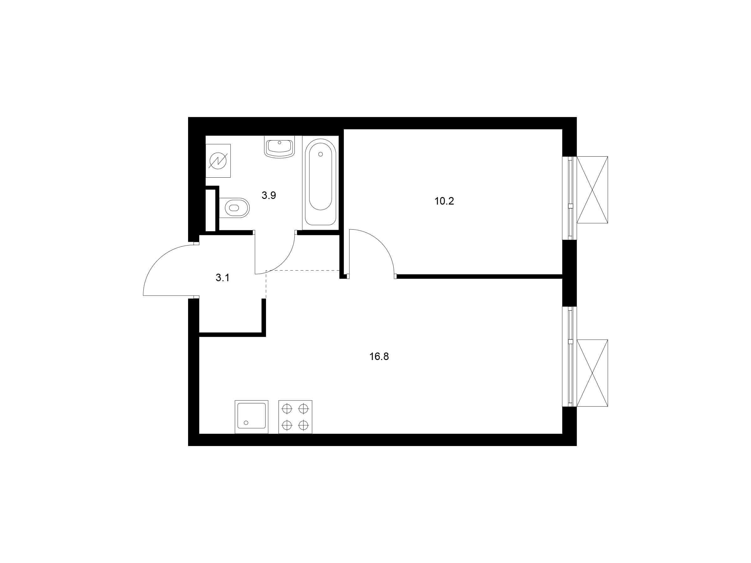 Планировка: 1-комн. квартира 34.00 м² в новостройке Яуза парк