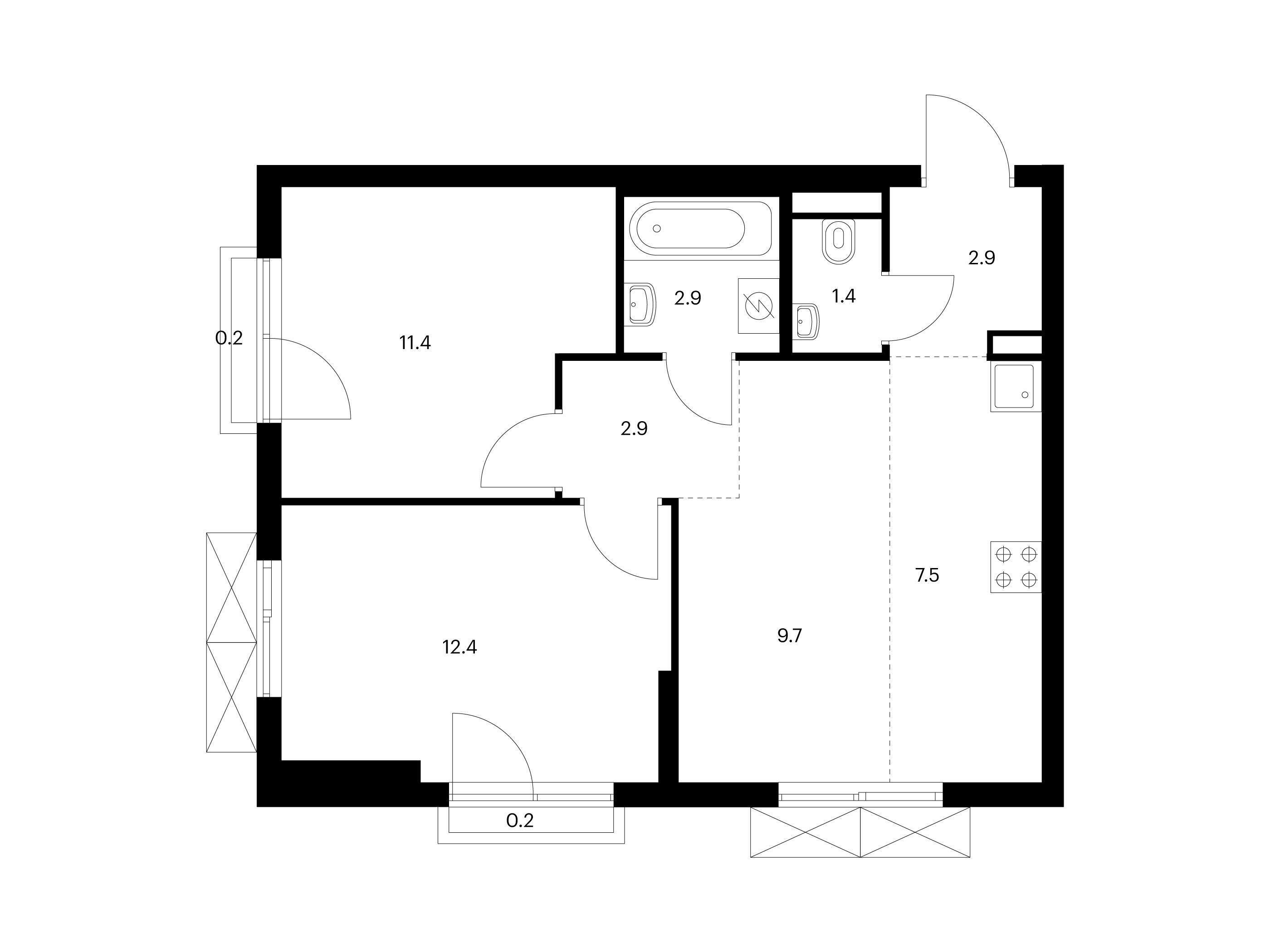 Планировка: 2-комн. квартира 51.50 м² в новостройке Яуза парк