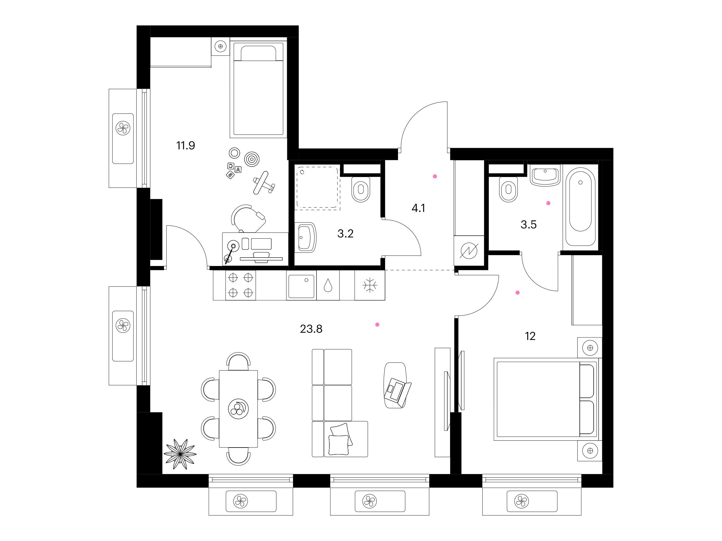 Планировка: 2-комн. квартира 58.50 м² в новостройке Белая Дача парк