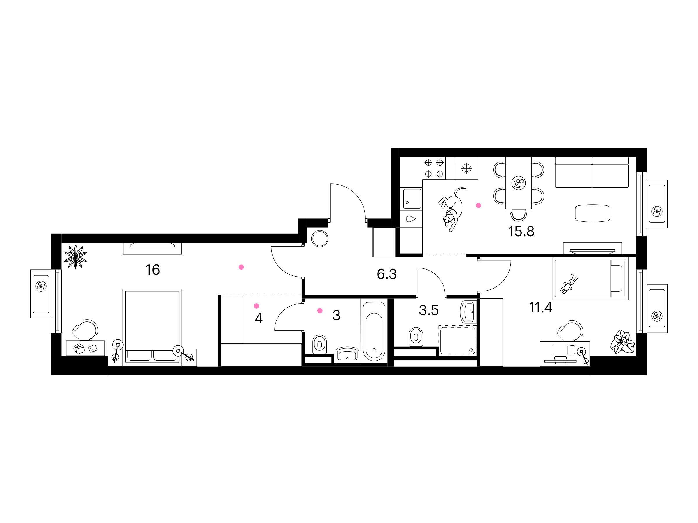 Планировка: 2-комн. квартира 60.00 м² в новостройке Белая Дача парк