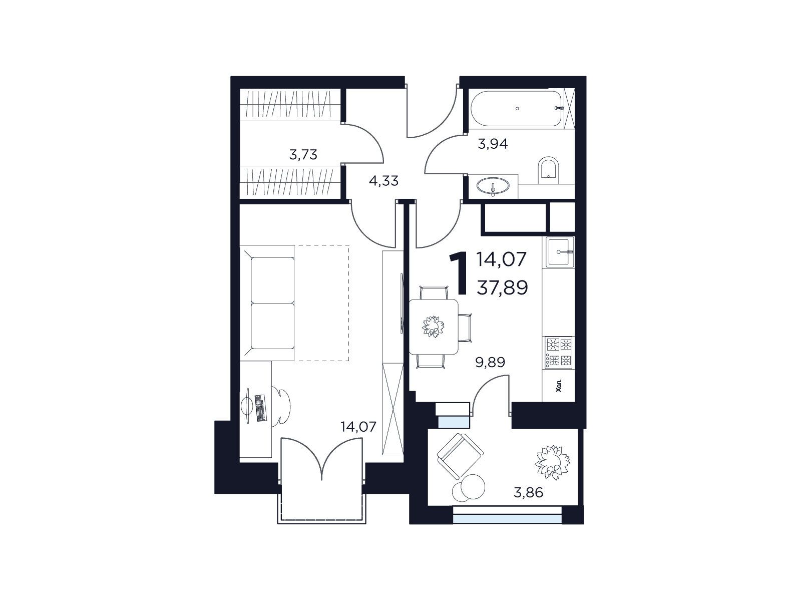 Планировка: 1-комн. квартира 37.89 м² в новостройке Восток II