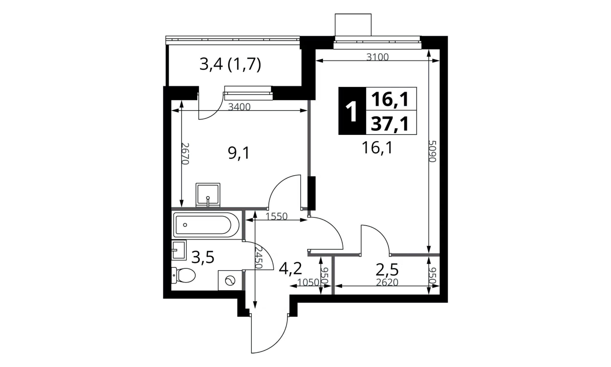 Планировка: 1-комн. квартира 37.10 м² в новостройке 1-й Донской
