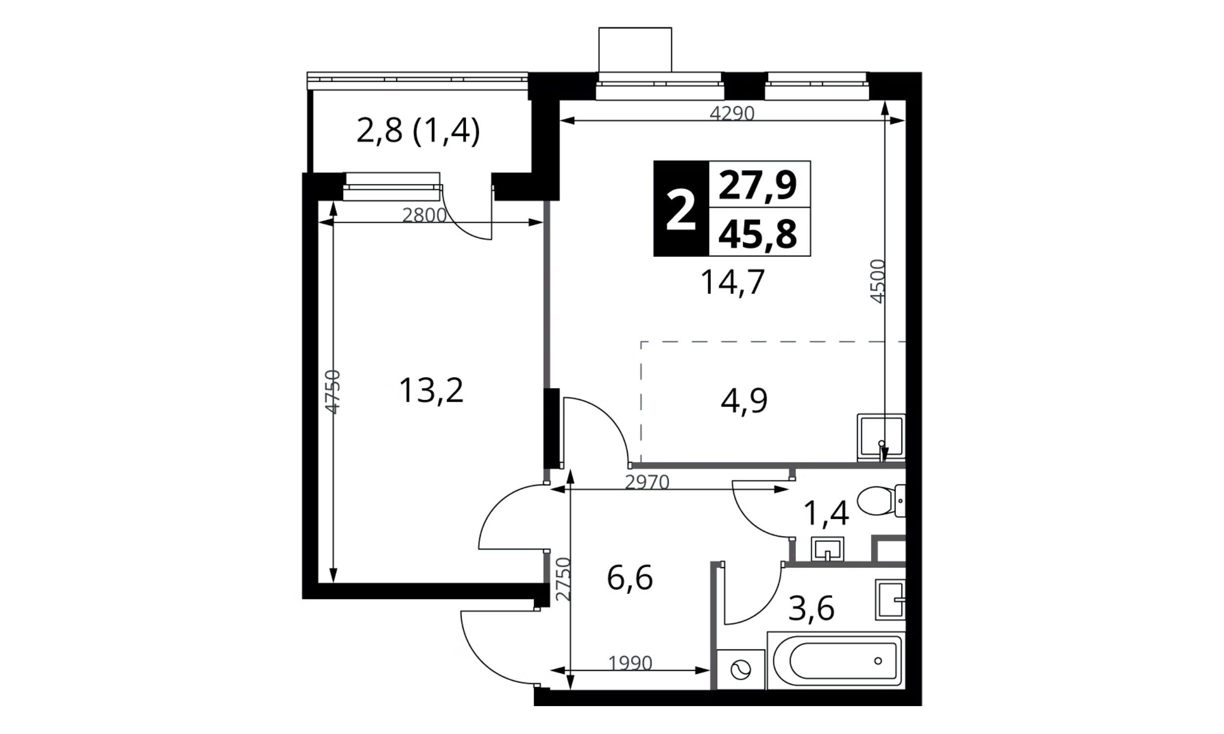 Планировка: 2-комн. квартира 45.80 м² в новостройке 1-й Донской